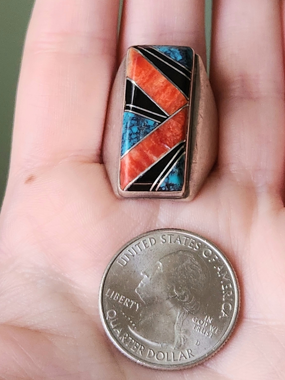VINTAGE NAVAJO STERLING SILVER MENS RING WITH SPINY OYSTER, ONYX TURQOUISE SZ 10 - Picture 4 of 12
